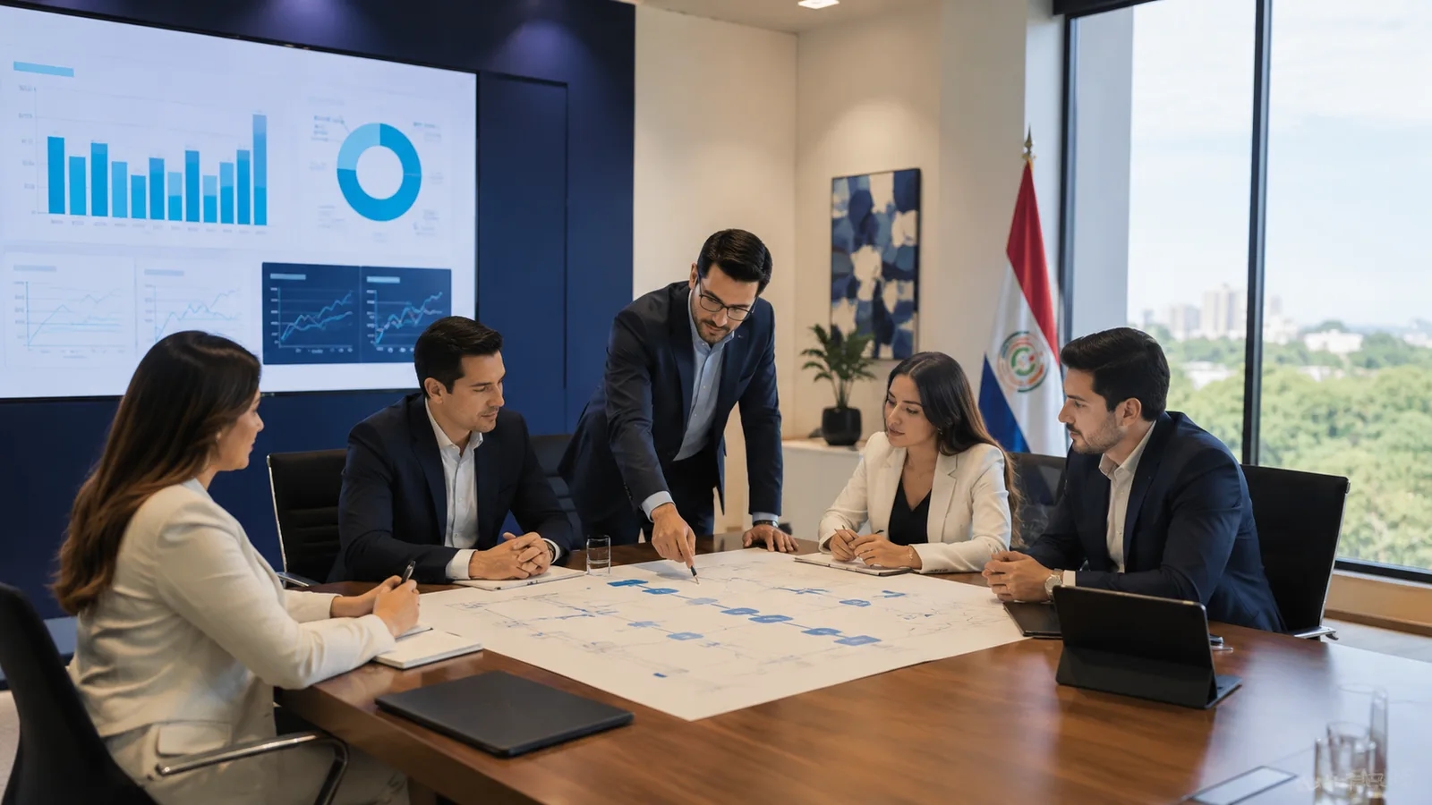 Reunión de trabajo con mapa de proyecto e indicadores